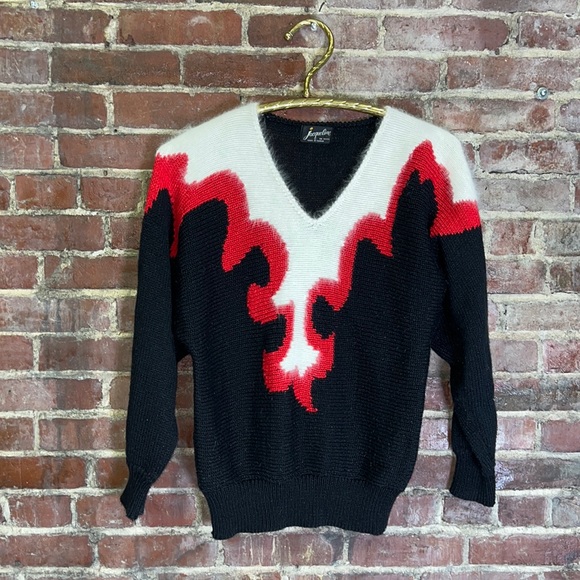 Jacqueline Sweaters - Vintage Jacqueline Acrylic Knit Red country western flame Sweater White Angora
